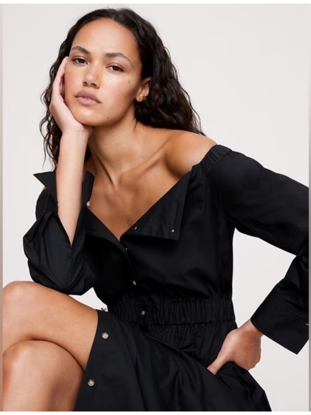 COTTON POPLIN OFF-THE-SHOULDER MAXI SHIRT DRESS